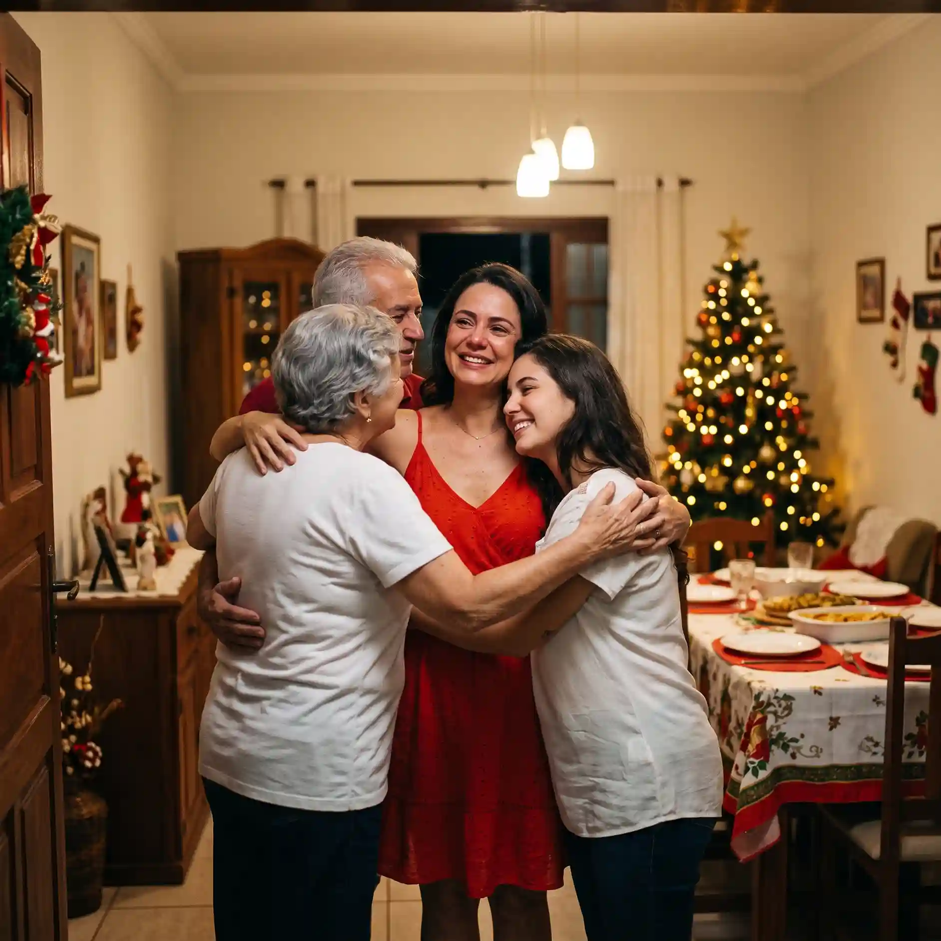 Família se abraçando na chegada do Natal