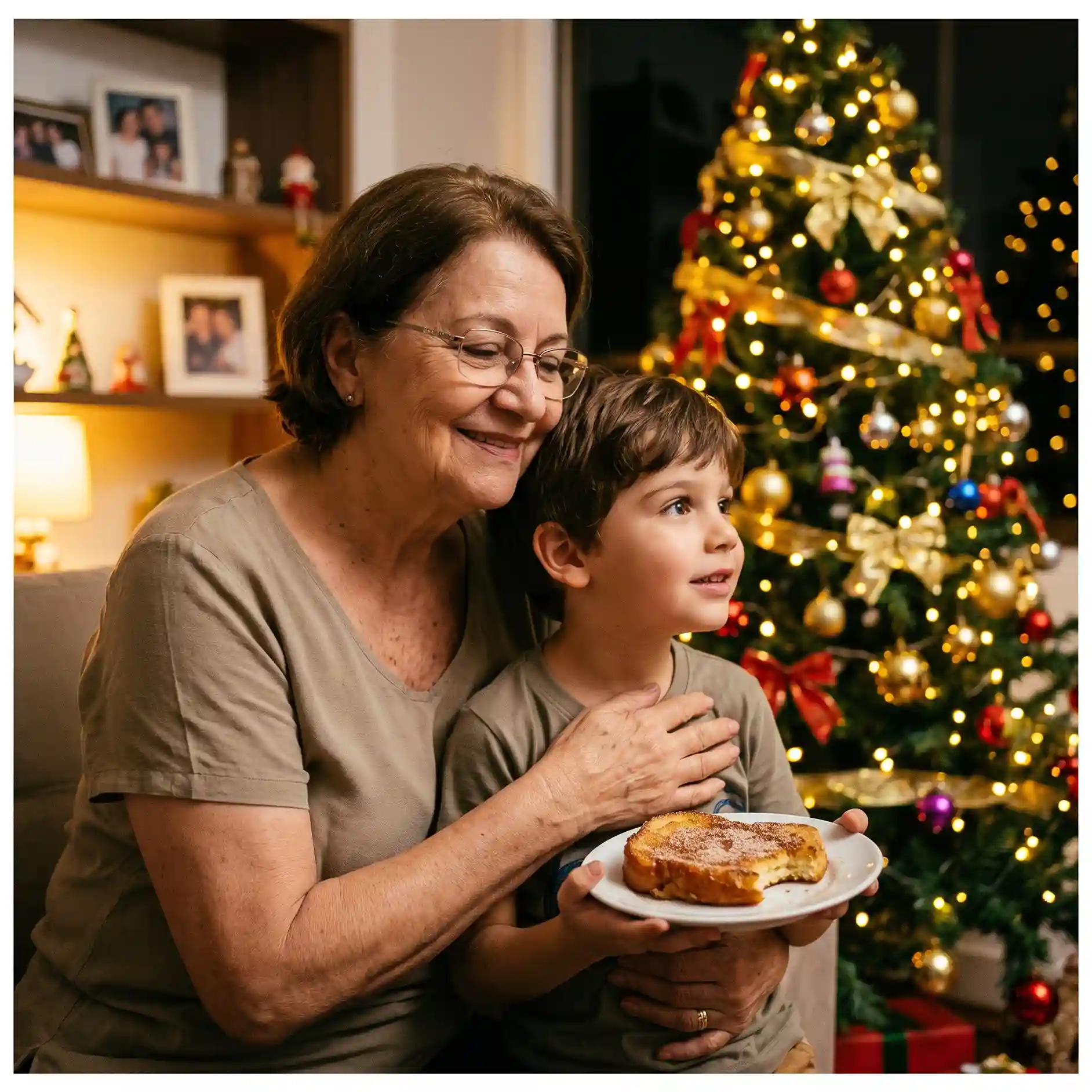 Avó e neto perto da árvore de Natal